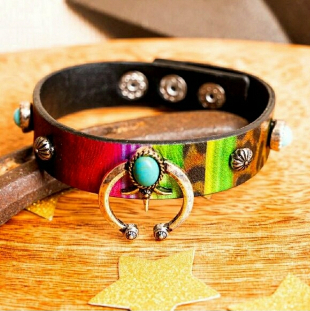 Southwestern Naja Bracelet Serape & Leopard Print Faux Leather Turquoise Stones
